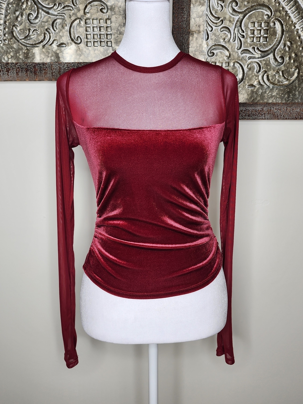 Burgandy Whimsigoth Sheer Velvet Long-Sleeve Top Ruched Side Top XXS Romantic